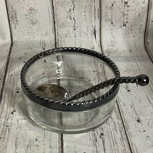 Bormioli Rocco Italian Glass Bowl with Spoon Silver Plate Rim Italy 4.25"